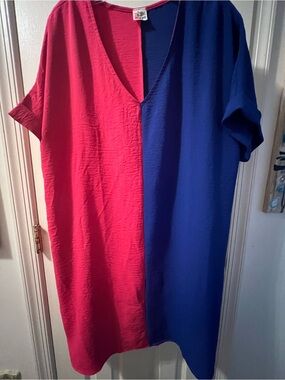 Colorblock V-Neck Women’s Dress in Hot Pink and Royal Blue
